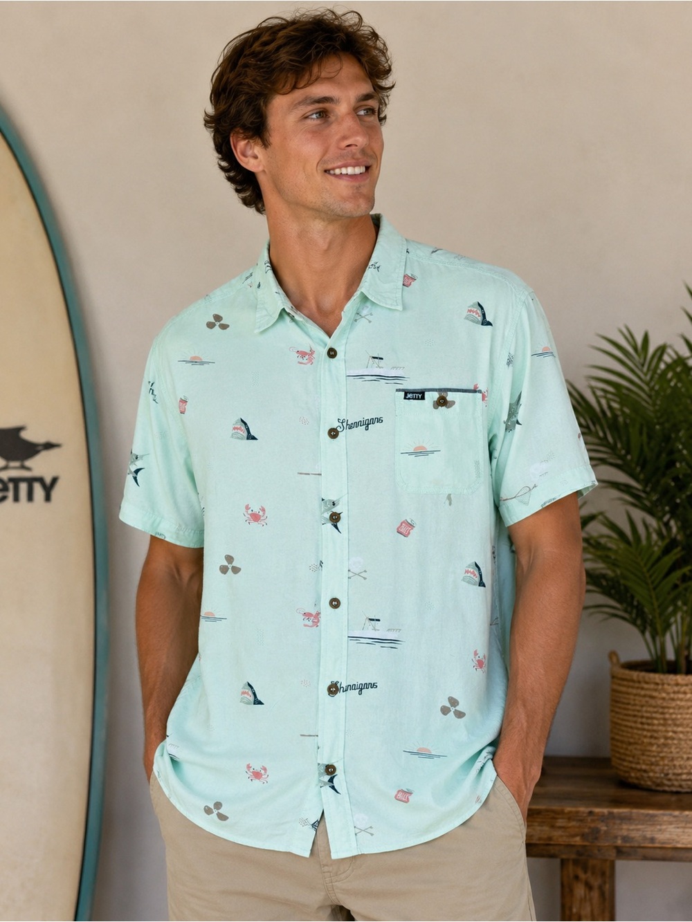 Jetty Marine Supply Rayon Button Front Fishing Beach Camp Shirt Mens Medium Mint